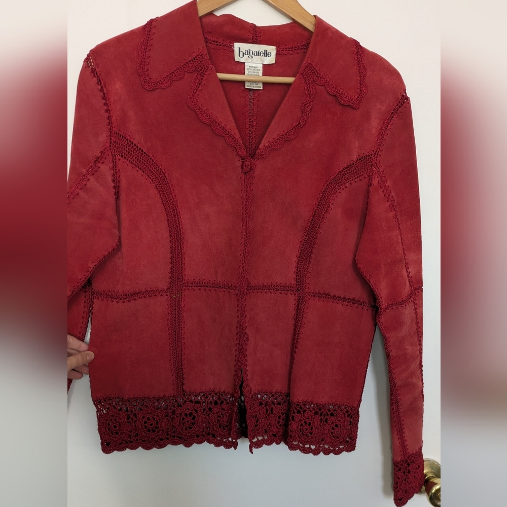 Bagatelle Red Suede Vintage Jacket with Crochet Trim